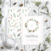 Monogram Berry Pinecone Wreath Merry Kerstmis Feestdagenkaart