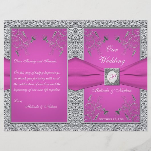 Monogram Berry Pink, Silver Floral Wedding Program (Voorkant)