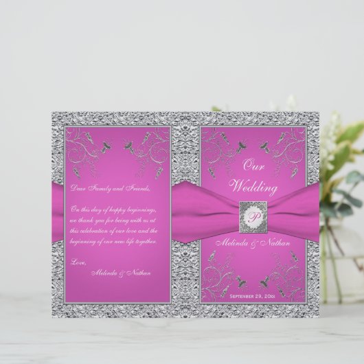Monogram Berry Pink, Silver Floral Wedding Program (Staand voorkant)
