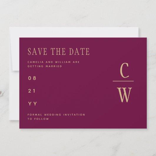 Monogram Berry Wine Gold Wedding Save the Date (Voorkant)