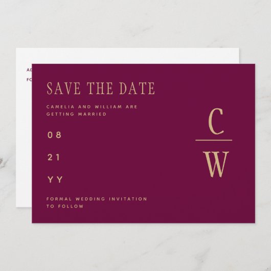 Monogram Berry Wine Gold Wedding Save the Date (Voorkant / Achterkant)