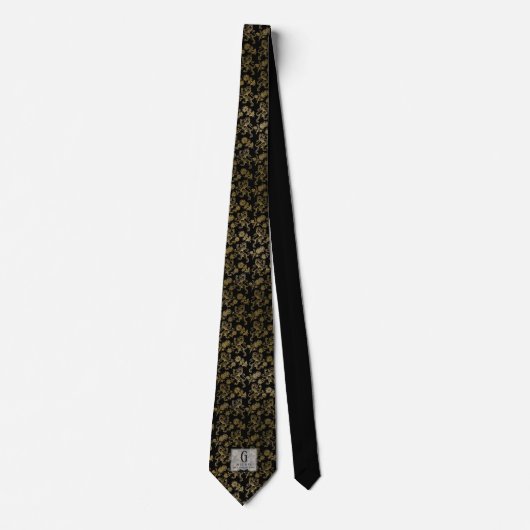 Monogram Best Man Bruidsjonker Zwart Goud Damast Stropdas (Voorkant)