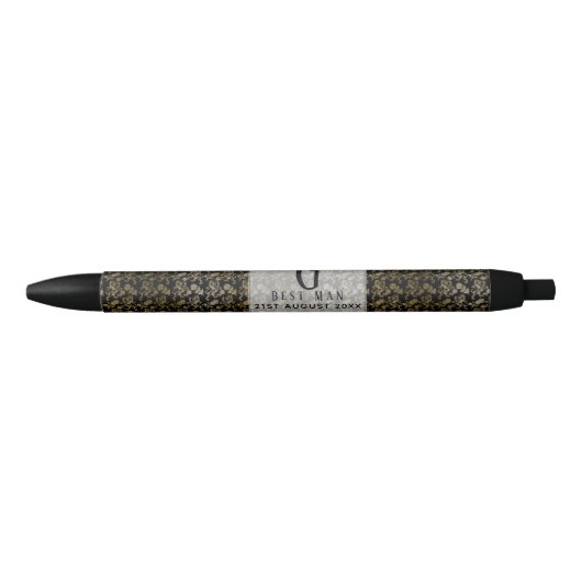 Monogram Best Man Groomsmen Black Gold Damask Zwarte Inkt Pen (Voorkant)