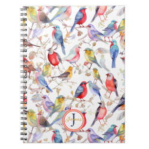 Monogram betoverend Waterverf vogelpatroon Notitieboek