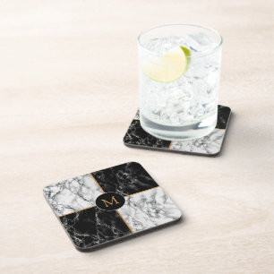 Monogram Beverage Coaster Black White Check Marble Bier Onderzetter