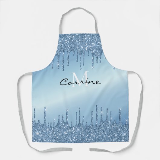 Monogram Bevroren IJsblauw Dripping Glitter Metall Schort (Voorkant)