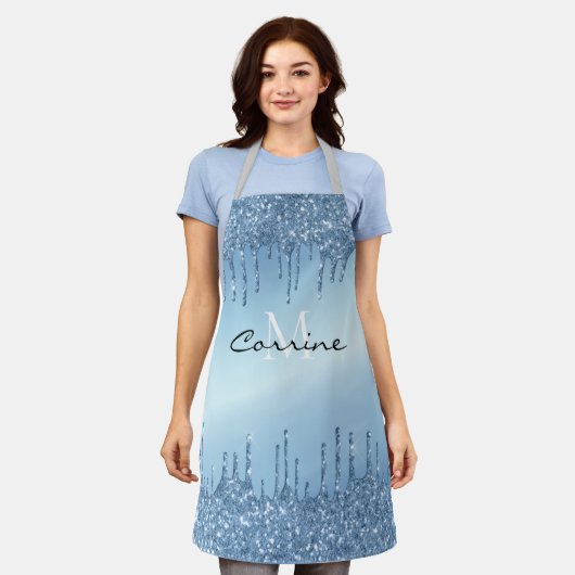 Monogram Bevroren IJsblauw Dripping Glitter Metall Schort (Gedragen)