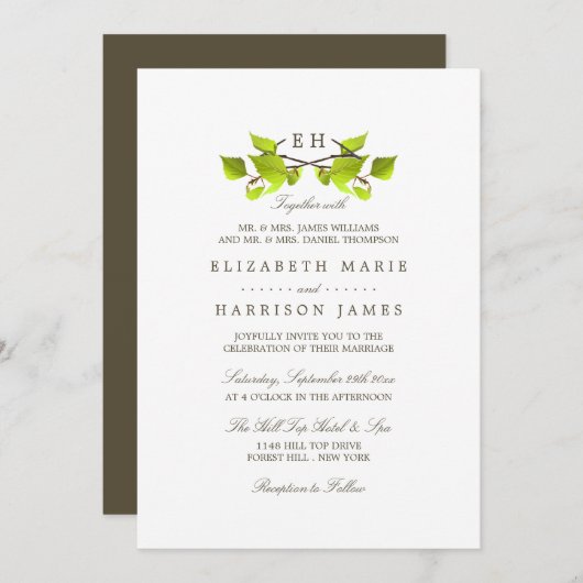 Monogram Birch Tree Branch Wedding Kaart (Voorkant / Achterkant)