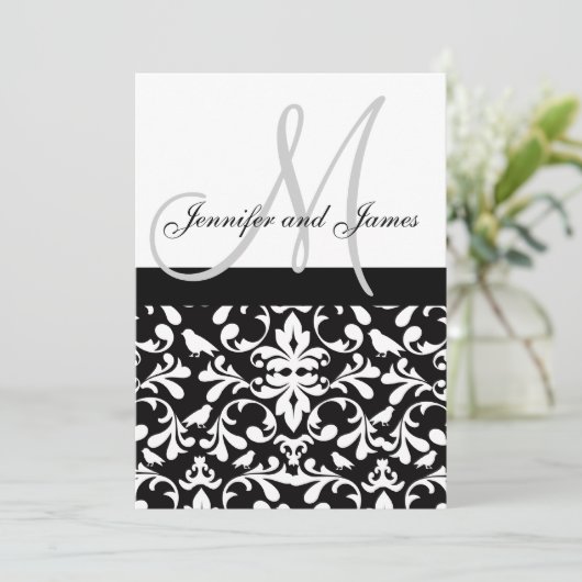 Monogram Bird Damask Wedding Invitation Names Kaart (Staand voorkant)