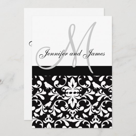 Monogram Bird Damask Wedding Invitation Names Kaart (Voorkant / Achterkant)