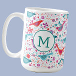 Monogram Bird Floral Waterverf Koffiemok<br><div class="desc">handgeschilderd vogeltje en wilde bloemontwerp in felle tinten van roze,  sinaasappel,  paarse en blauwgroen groen. Ideaal voor vogelaars,  ornithologen,  tuinders en natuur liefhebbers. Wijzig het moderne monogram-initiaal om aan te passen</div>