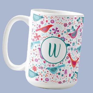 Monogram Bird Floral Waterverf Koffiemok