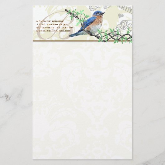 Monogram  Bird Musical Branch Stationery Briefpapier (Voorkant)