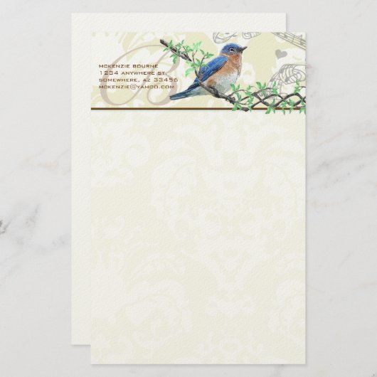 Monogram  Bird Musical Branch Stationery Briefpapier (Voorkant / Achterkant)