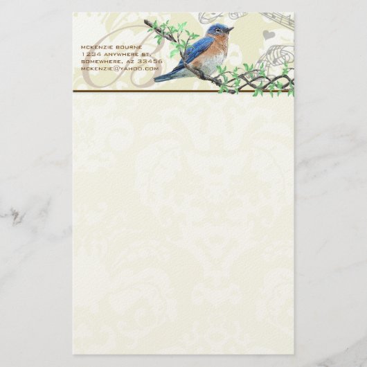 Monogram  Bird Musical Branch Stationery Briefpapier (Voorkant)