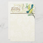 Monogram  Bird Musical Branch Stationery Briefpapier (Voorkant / Achterkant)