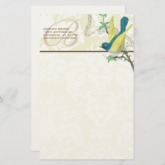 Monogram  Bird Musical Branch Stationery Briefpapier (Voorkant / Achterkant)