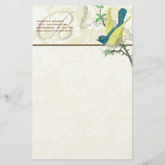 Monogram  Bird Musical Branch Stationery Briefpapier (Voorkant)