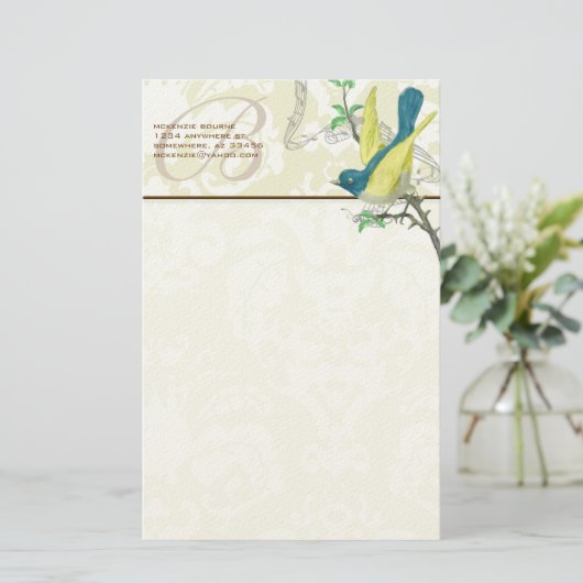 Monogram  Bird Musical Branch Stationery Briefpapier (Staand voorkant)