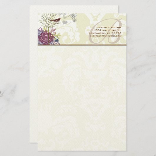 Monogram Bird Musical Damask Stationery Briefpapier (Voorkant / Achterkant)