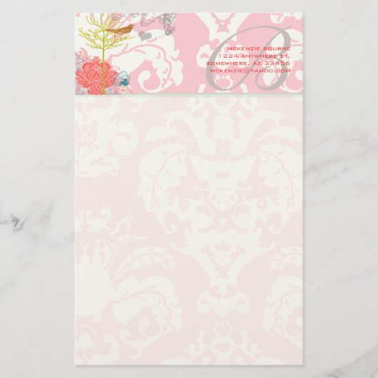 Monogram  Bird Musical Damask Stationery Briefpapier (Voorkant)