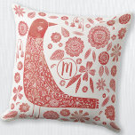 Monogram Bird Red White Kussen<br><div class="desc">Scandinavische volkskunst: rood en wit vogel en bloemontwerp. Originele kunst van Nic Squirrell. Verander het monogram initiaal om aan te passen.</div>