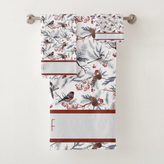 Monogram Bird White Gray Silver Branch Red Berries Bad Handdoek (Insitu)