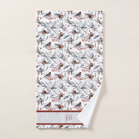 Monogram Bird White Gray Silver Branch Red Berries Bad Handdoek (Handdoek)