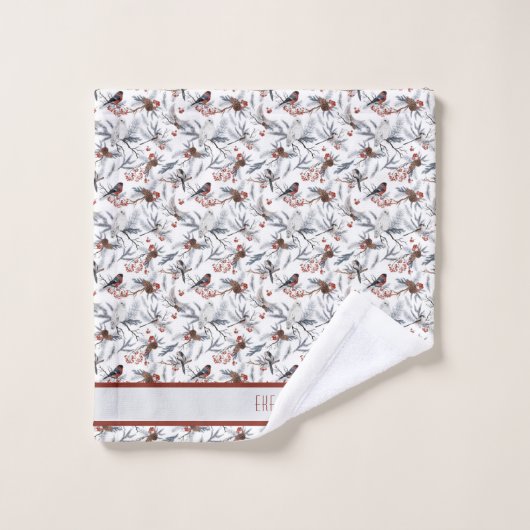 Monogram Bird White Gray Silver Branch Red Berries Bad Handdoek (Wasdoekje)
