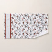 Monogram Bird White Gray Silver Branch Red Berries Bad Handdoek (Handdoek)