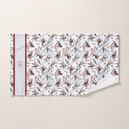 Monogram Bird White Gray Silver Branch Red Berries Bad Handdoek (Handdoek)
