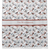 Monogram Bird White Gray Silver Branch Red Berries Douchegordijn (Voorkant)