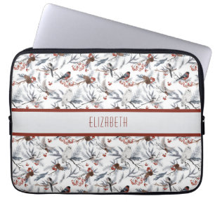 Monogram Bird White Gray Silver Branch Red Berries Laptop Sleeve