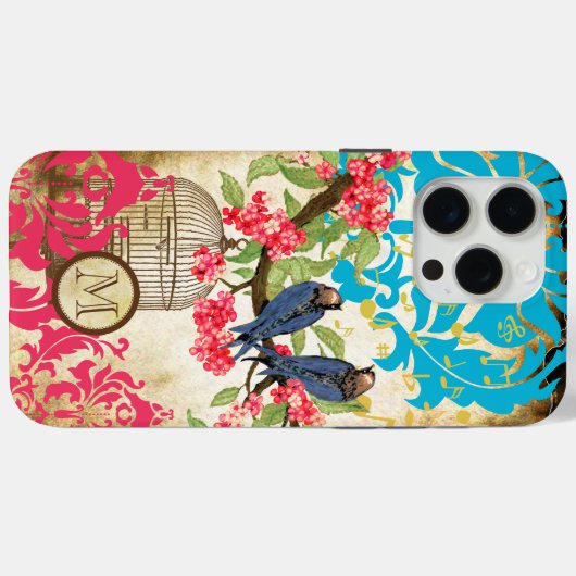 Monogram Birdcage Bird Damask Case-Mate iPhone Case (Achterkant (horizontaal))
