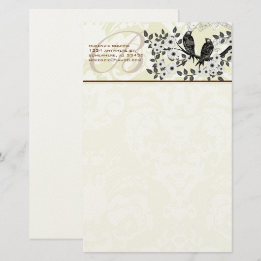 Monogram Birds Daisy Branch Stationery Briefpapier (Voorkant / Achterkant)