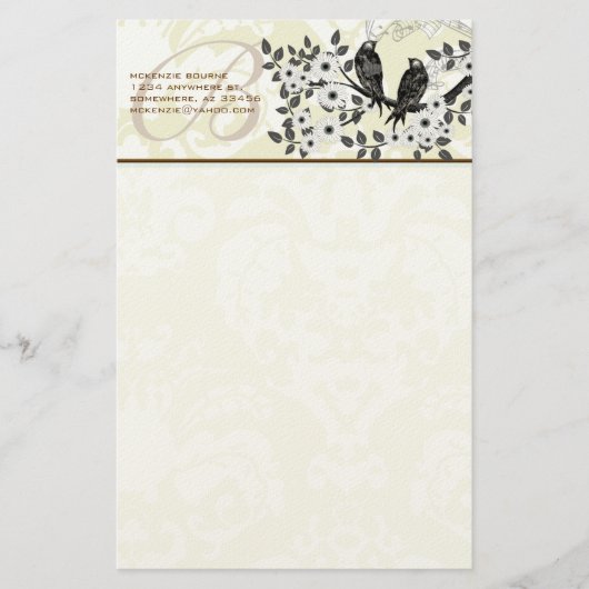 Monogram Birds Daisy Branch Stationery Briefpapier (Voorkant)