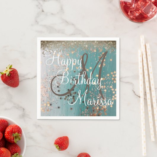 Monogram Birthday Gold Stars op Blauwgroen Napkins Servet (Insitu)