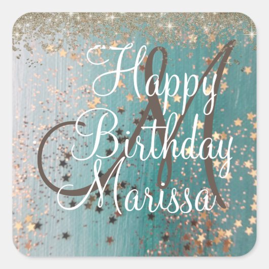 Monogram Birthday Gold Stars op Blauwgroen Vierkante Sticker (Voorkant)