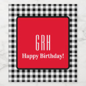 Monogram Birthday, Red Accent Buffalo Check (6) Wijn Etiket (Enkel label)