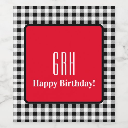 Monogram Birthday, Red Accent Buffalo Check (6) Wijn Etiket (Enkel label)