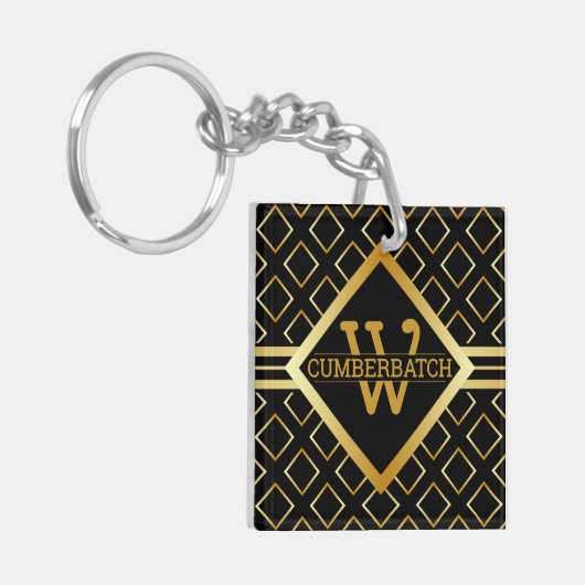 MONOGRAM BLACK and FAUX Gold Geometric Pattern Sleutelhanger (Voorkant Links)