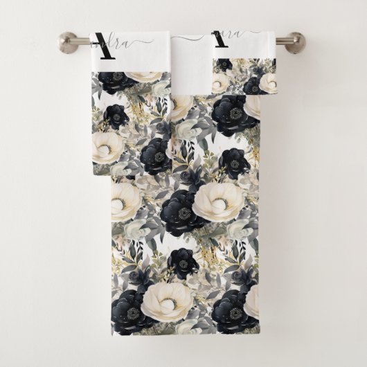 Monogram Black and White Modern Towel Set Bad Handdoek (Insitu)