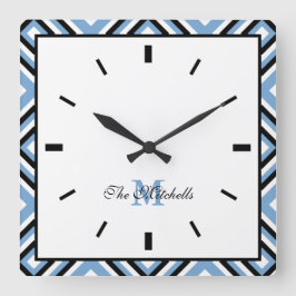 Monogram Black Blue White Modern Square Wall klok