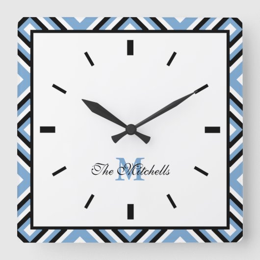 Monogram Black Blue White Modern Square Wall klok (Voorkant)