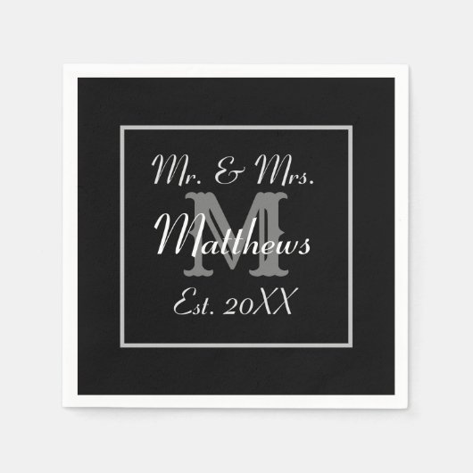 Monogram Black Bride Groom Date Weddenschap Paper Servet (Voorkant)