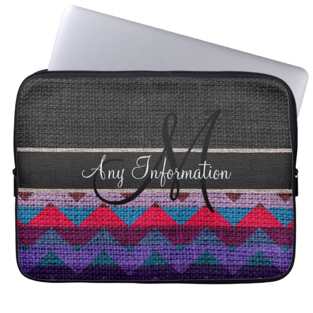 Monogram Black Chevron Zigzag Burlap Jute Laptop Sleeve (Voorkant)