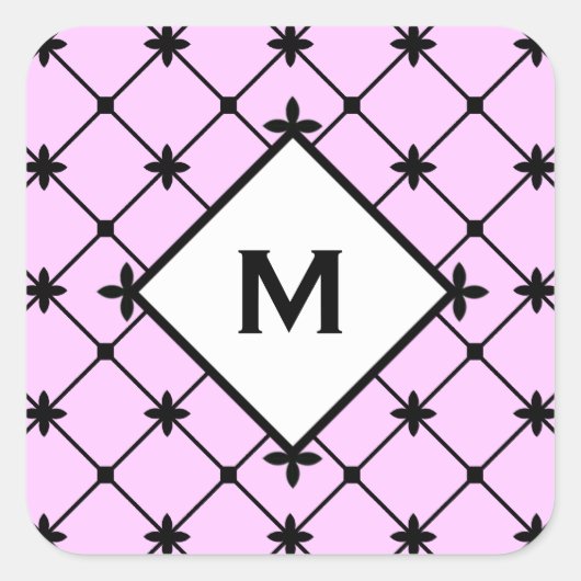 Monogram Black Cross Pattern op Roze Vierkante Sticker (Voorkant)