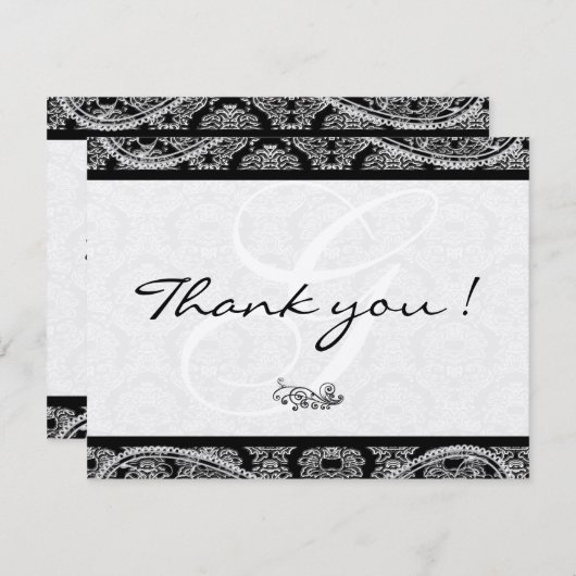 Monogram Black Damask Paisley Wedding Bedankt (Voorkant / Achterkant)