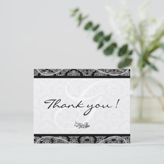 Monogram Black Damask Paisley Wedding Bedankt (Staand voorkant)