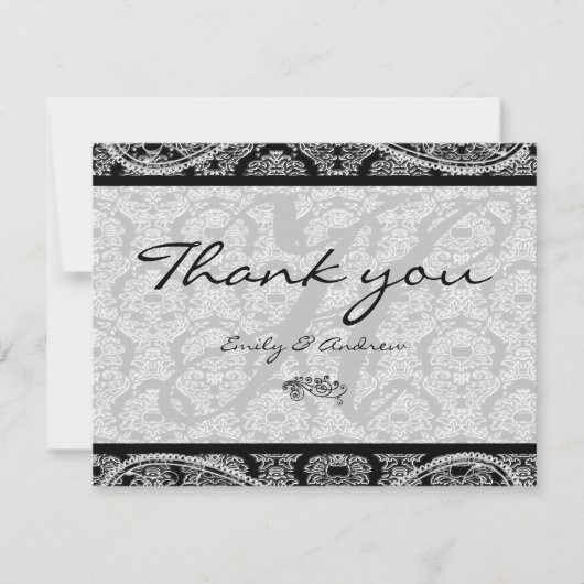 Monogram Black Damask Paisley Wedding Bedankt (Voorkant)